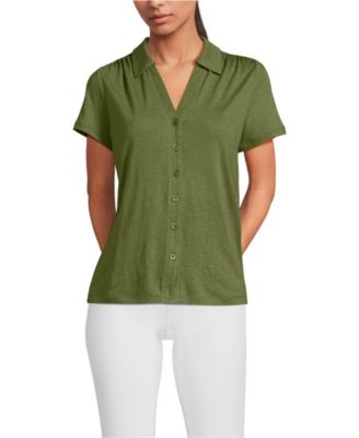 Women's Linen Blend Short Sleeve Button Front Polo Top