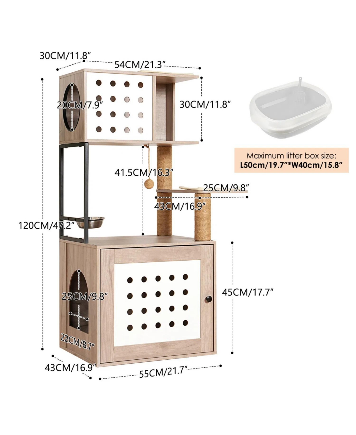 Zeus and Ruta Cat Tree with Litter Box Enclosure with Large Hammock Bed Food Station Scratching Posts Modern Pet Furniture