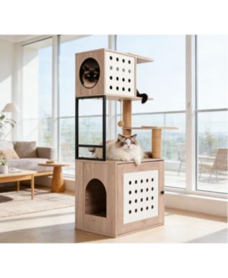 Zeus and Ruta Cat Tree with Litter Box Enclosure with Large Hammock Bed Food Station Scratching Posts Modern Pet Furniture