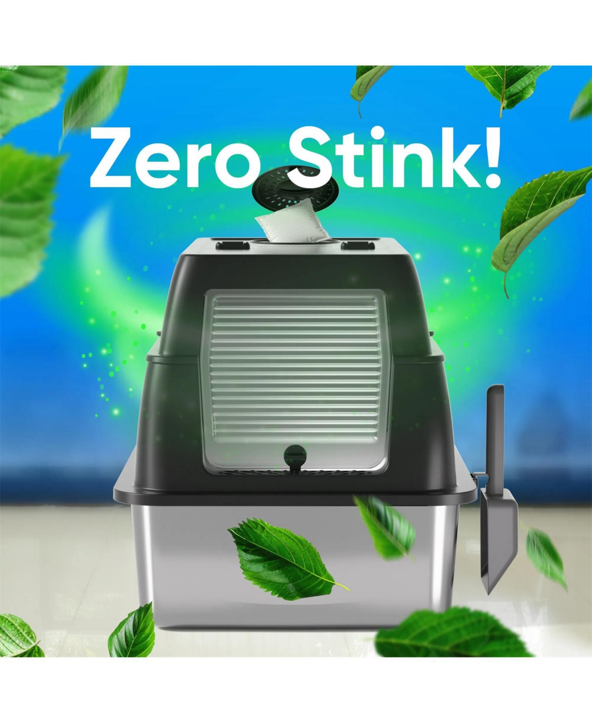 Zeus and Ruta Stainless Steel Cat Litter Box with Lid Xl 18 Inch Deep for Big Cats 180 Degree Flip Top Odor Free Anti Leak Scoop