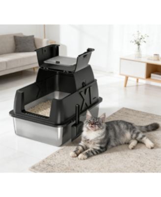 Zeus and Ruta Stainless Steel Cat Litter Box with Lid XL 18 Inch Deep for Big Cats 180 Degree Flip Top Odor Free Anti Leak with Scoop