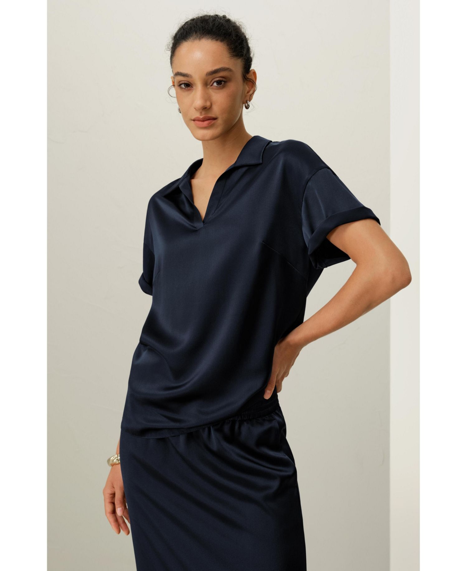 Women's Washable Silk Charmeuse Polo Top