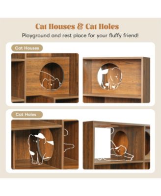 Zeus and Ruta Modern 2 In 1 Wood Cat Tree Bookshelf House With Storage Display Case And Litter Box Enclosure