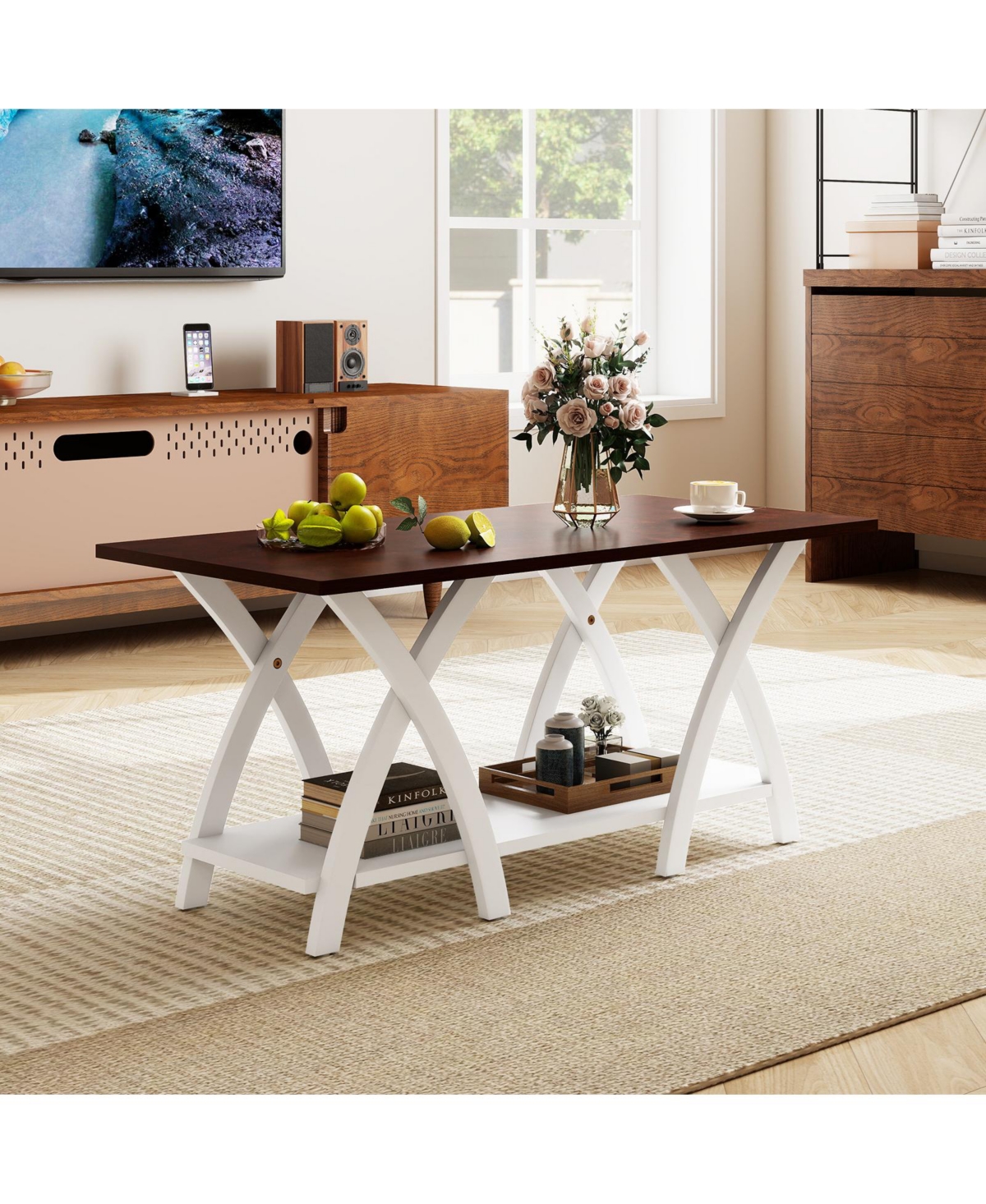 Slickblue Walnut Farmhouse Coffee Table 2 Tier Storage Shelf