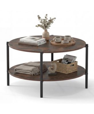 2-Tier Industrial Round Coffee Table, Accent Table with Open Storage Shelf-Rustic
