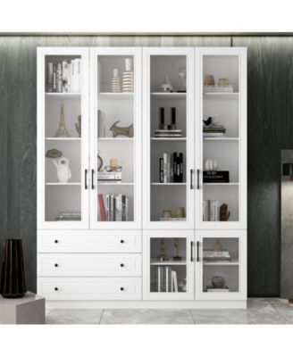 White 10-Shelf Accent Bookcase with Glass Doors, LED Lights