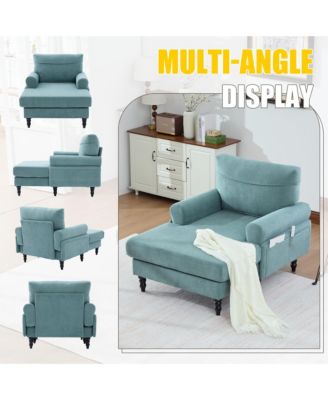 Extra Large Chenille Chaise Lounge, Modern Reclining Single Sofa with Wooden Legs and Side Pockets for Living Room, Bedroom