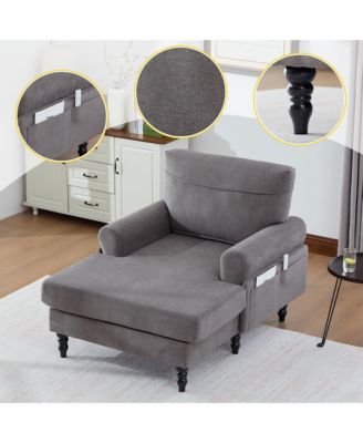 Oversized Chenille Chaise Lounge, Leisure Recliner Sofa with Wooden Legs and Side Pockets for Living Room, Bedroom