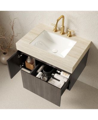 30" Wall Mounted Bathroom Vanity with Roma Travertine Sintered Stone Top, Ceramic Sink, Soft Close Drawer and Door