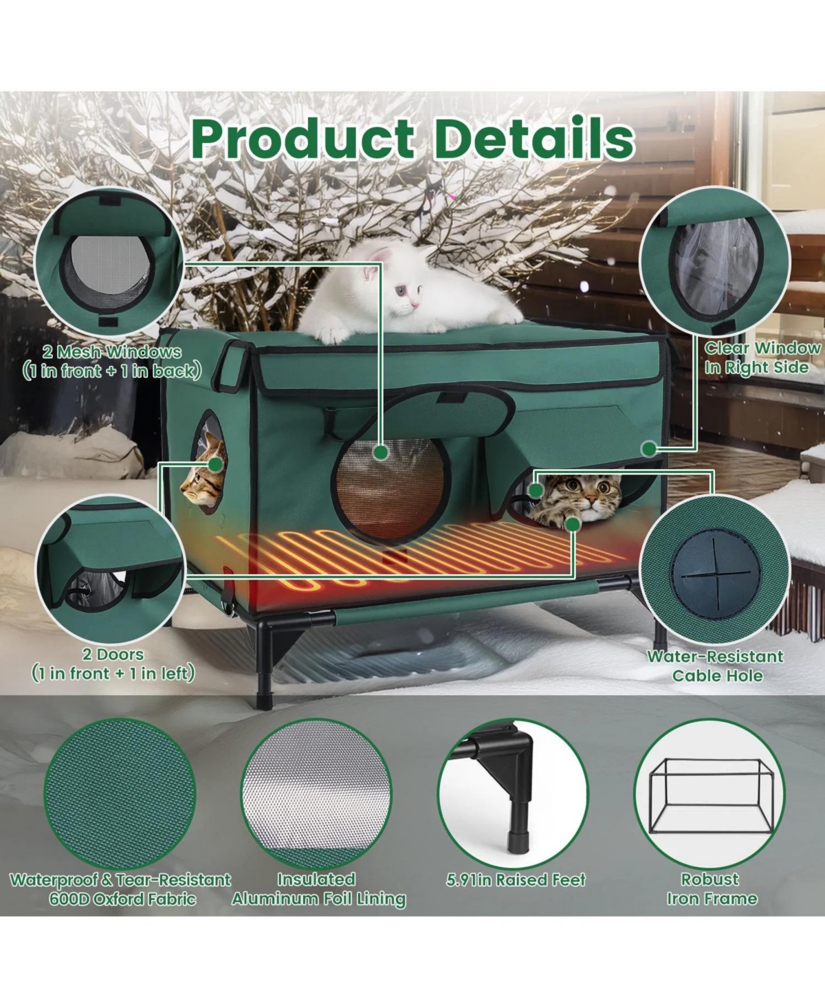 Zeus and Ruta Waterproof Heated Cat House Outdoor Insulated Kitty Shelter with Heating Pad Anti Chew Cord 2 Doors 3 Windows