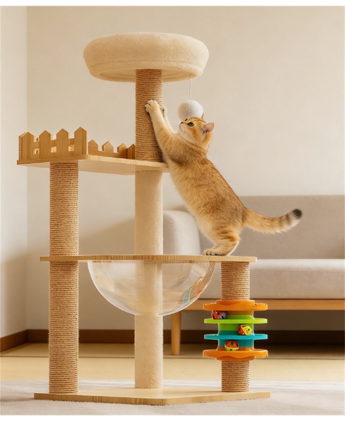Zeus and Ruta Modern 39.3 in. Cat Tree Tower with Sisal Scratching Posts Acrylic Hammock Toys for Indoor Cats
