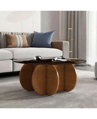 Modern Round Coffee Table - Tempered Glass Tabletop, Solid Wood Frame, Mid Century Center Table for Living Room