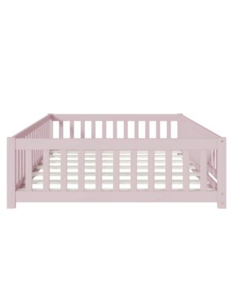 Full Size Floor Bed with Fence and Door,Rubber Wood Floor Bed with Safety Guardrails