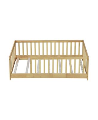 Twin Size Floor Bed with Fence without Door, Rubber Wood Floor Bed with Safety Guardrails
