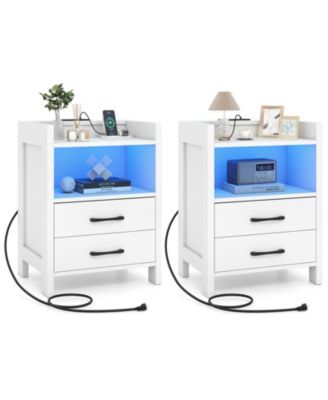 2PCS 23.5'' Nightstand w/LED Lights and Charging Station USB Port and Outlets