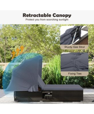 Double Patio Chaise Lounge with Retractable Canopy and Folding Trays