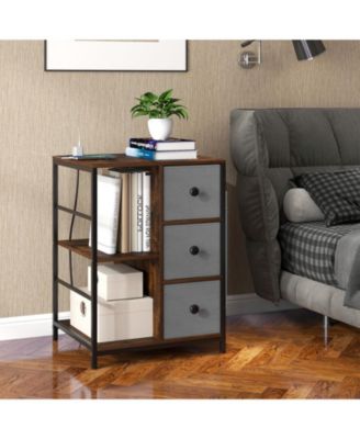 Nightstand 3-Tier Storage End Table Bedside Table with Charging Station and Shelf