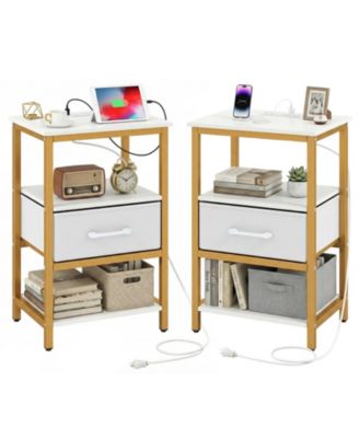 Nightstand w/Charging Station Set of 2 w/Fabric Drawer and Open Storage Shelves