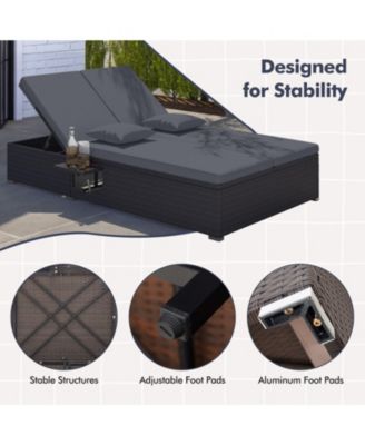 Double Patio Chaise Lounge with 6-Position Backrests and Folding Trays