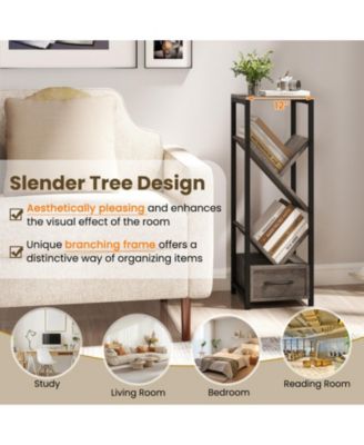 4-Tier Floor Tree Bookshelf with Drawer and Metal Frame