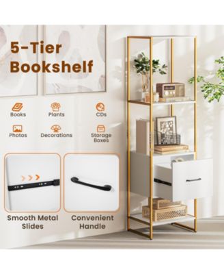 5-Tier Narrow Bookcase with Storage Drawer and Metal Frame