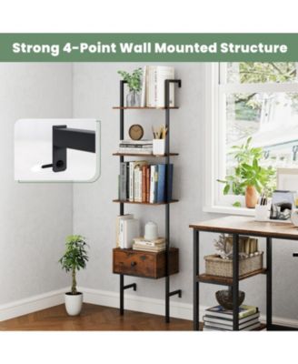 5-Tier Ladder Bookcase with Drawer and Metal Frame