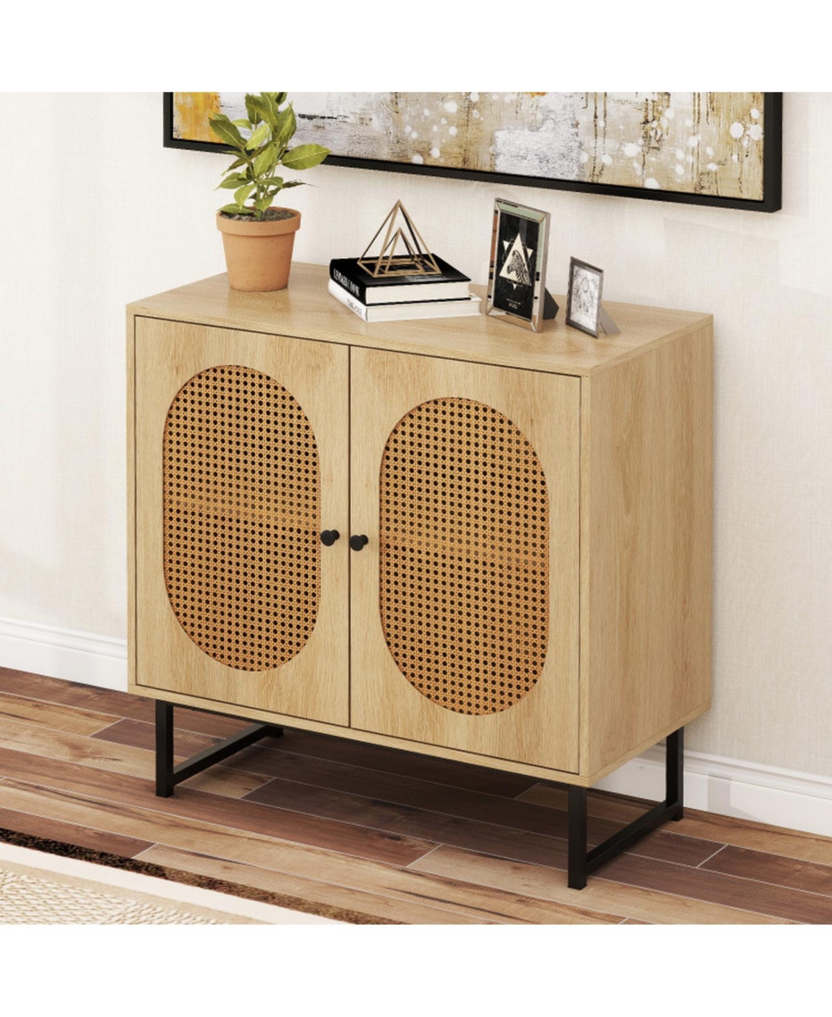 Gouun Rattan Door Buffet Cabinet with Adjustable Shelf