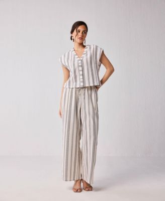 Women's Wide-leg Drawstring Pants in Stripes