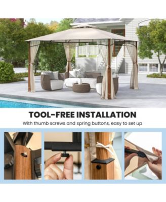 12 x 10 ft Outdoor Patio Gazebo with Mesh Netting Two-Tier Vented Roof and Stakes
