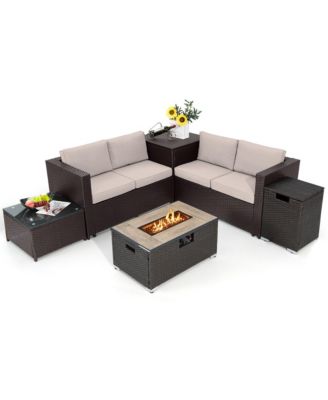 6 Piece Patio Sofa and Fire Table Set Outdoor Rattan Sectional Sofa Set w/ Storage Box