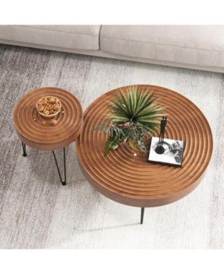 Set of 2 Solid Wood Farmhouse Round Coffee Tables Ring Design