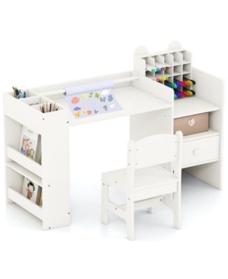 Kids Art Table and Chair Set with Paper Roll Holder and Cabinet