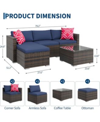 5-Piece All-Weather Wicker Patio Sectional Sofa Set with Ottoman and Glass Table