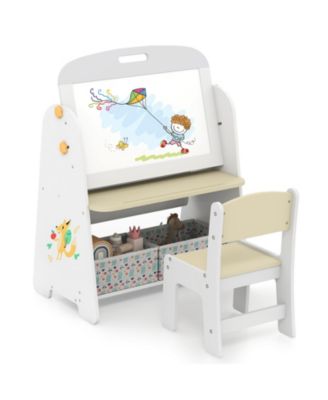 4-in-1 Kids Art Easel Table and Chair Set with Magnetic Whiteboard and Bookshelf