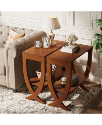 Solid End Table Set of 2, 2-Tier Couch Side Table with Arched Legs