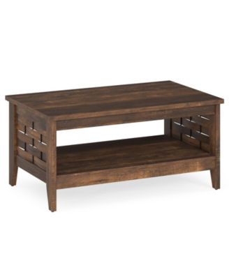 Farmhouse 2-Tier Coffee Table with Open Shelf and Woven Decor for Living Room