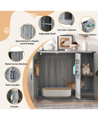 Modern Cat Litter Box Cabinet with Power Outlet, Hidden Enclosure for Large Automatic Boxes, Catcher, Storage