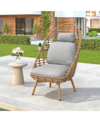 Outdoor Wicker High-back Swivel Lounge Chair with Teak Finished Leg, Faux Rattan and Cushion
