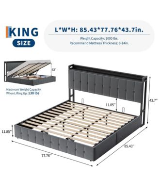 Lift Up Bed Frame, Upholstered Bed with Button Tufted Wingback Storage Headboard, Hydraulic Storage, No Box Spring Needed, Wood Slats Support
