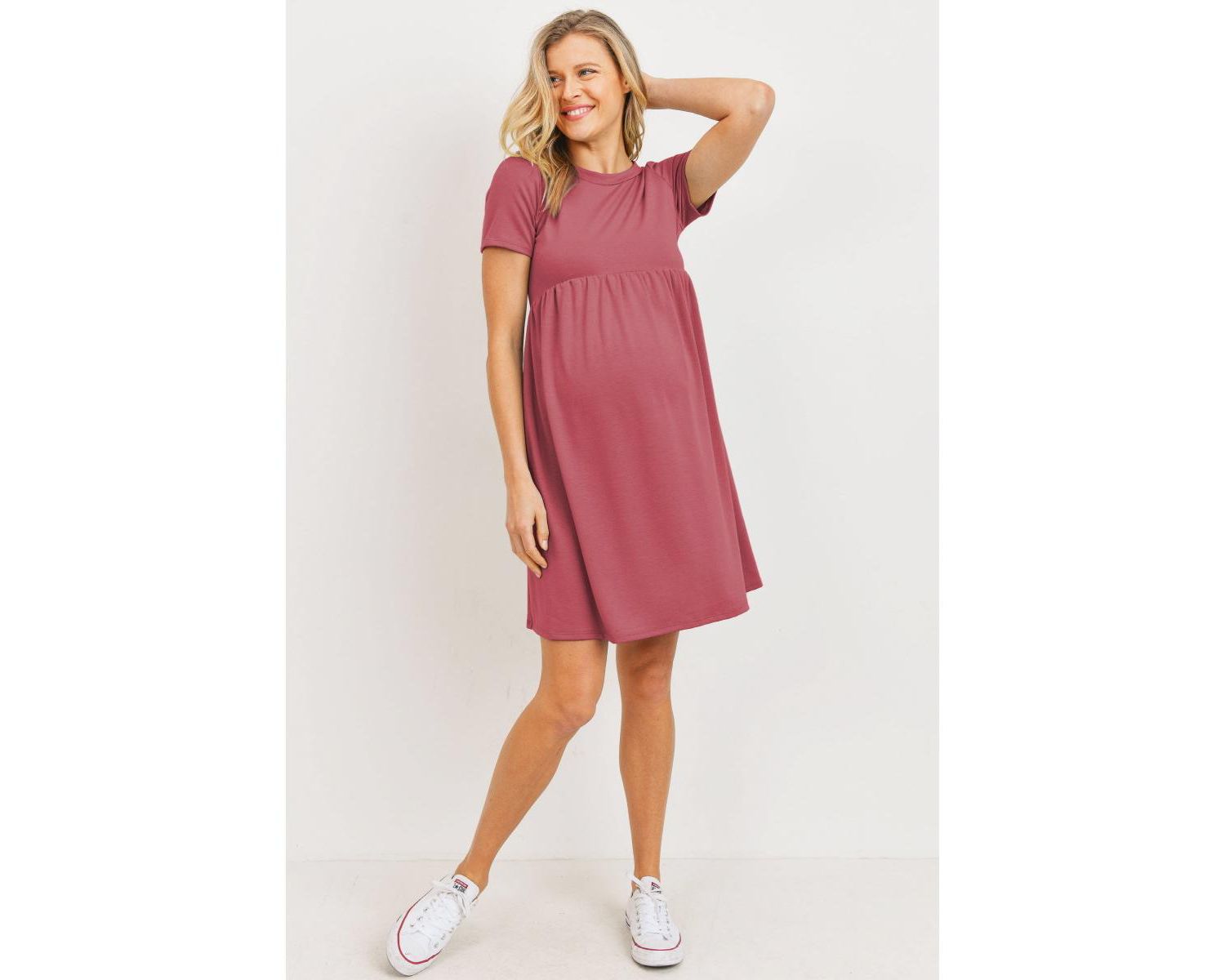 Women's Crew Neck Empire Waist Mini T-Shirt Dress with Pockets