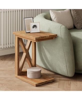 Solid Wood End Table Set of 2, 2-Tier C Shaped Side Table, Solid Wood Sofa Side Table, Simple Nightstand