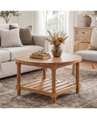Round Coffee Table, 31.5" Farmhouse Solid Wood Center Table with Storage, 2-Tier Circle Accent Table