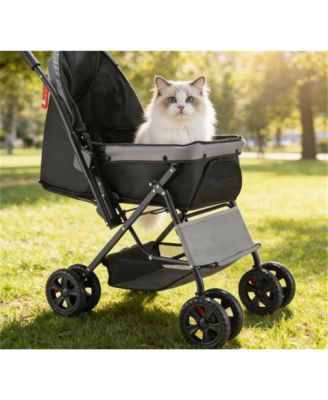 Foldable Cat Stroller 4 Wheel Travel with Reversible Handle 44lb Max