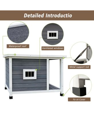 Outdoor Cat House with WP Roof Vent Windows Metal Support Gray Spacious Stylish Pet Shelter