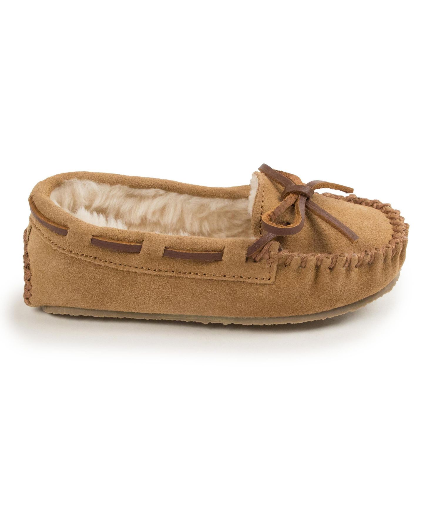Детские замшевые тапочки Minnetonka Cassie с мехом, размеры 1-13, цвет: Коричный — фото 2
