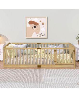 Twin Size Floor Bed with High Fence Railings, with Door