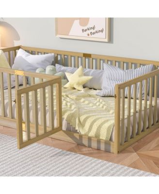 Twin Size Floor Bed with High Fence Railings, with Door