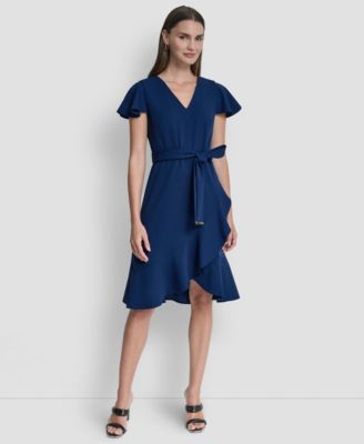Women's Flutter Short-Sleeve V-Neck Faux-Wrap Dress