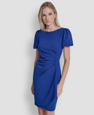 Women's Bubble-Sleeve Scuba Crepe Ruched Sheath Dress
