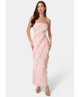 Women's Strapless Mesh Ruffle Maxi Dress